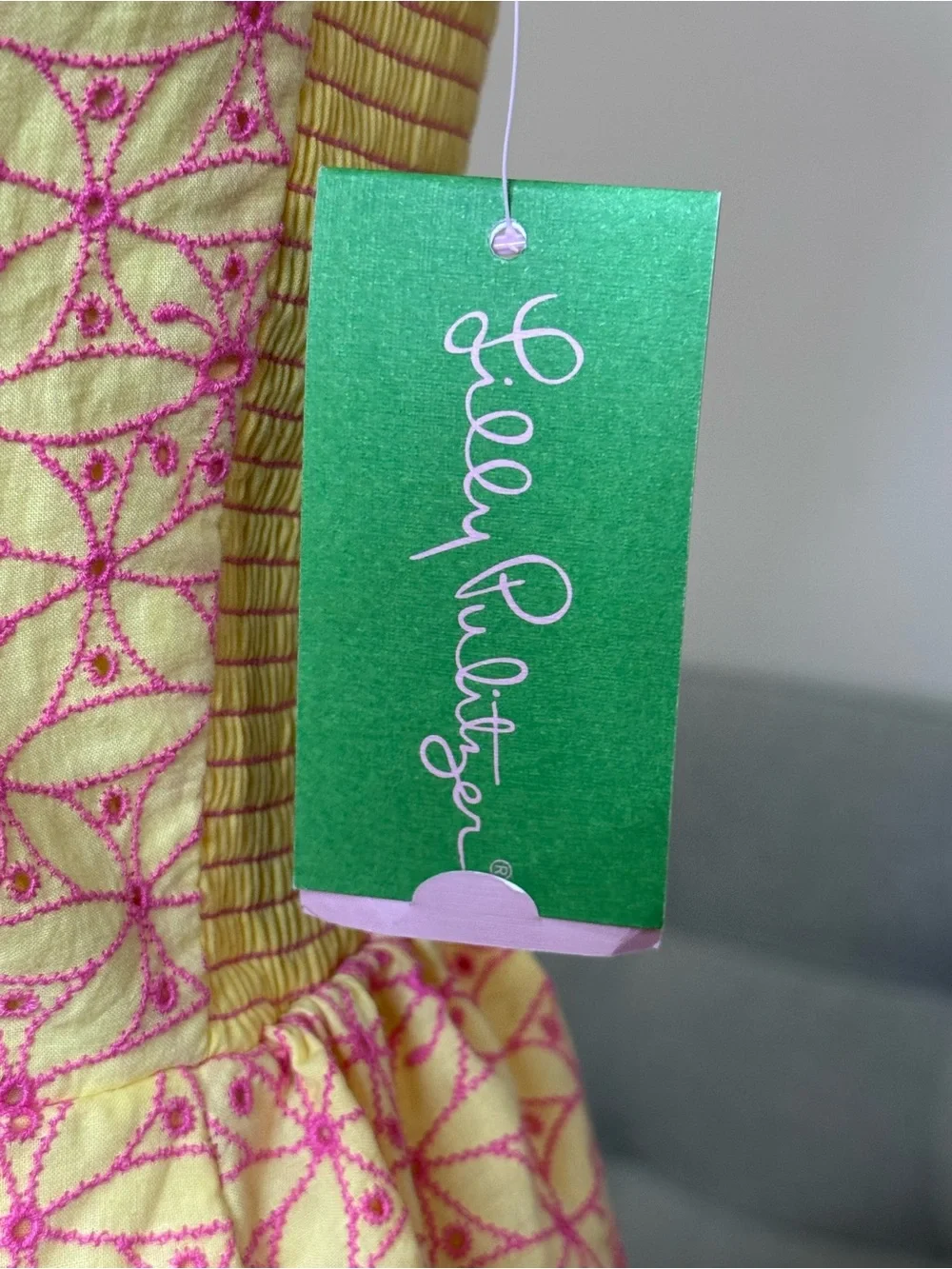 Ladies Lilly Pulitzer Strapless Yellow Dress with Pink Geometric Print - Picture 6 of 7